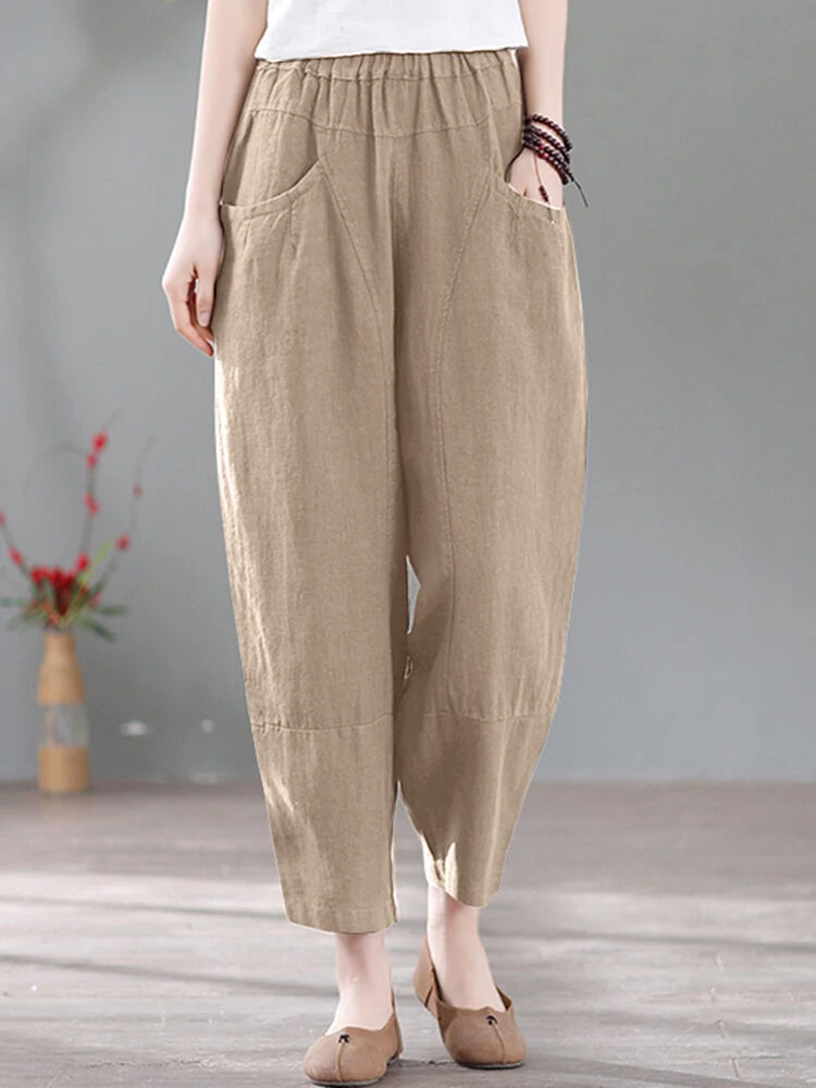 Solid Pocket Casual Cotton Pants
