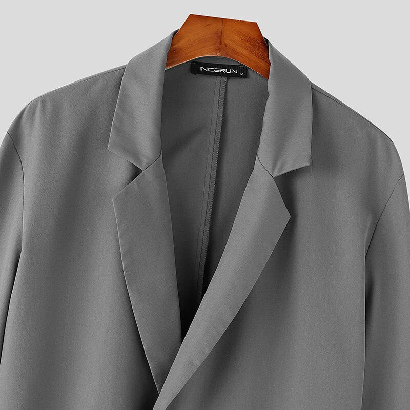 INCERUN Mens Metal Buckle Patchwork Lace Long-Sleeve Blazer Fashion Casual Solid Color Suit Top Outwear