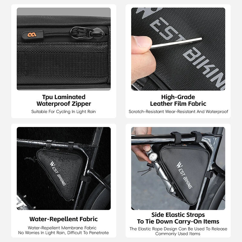 WEST BIKING 0.6L Bicycle Front Frame Triangle Bag With Mesh Pouch MTB Road Bike Waterproof Bottom Tube Bag Elastic Luggage Straps For Storage