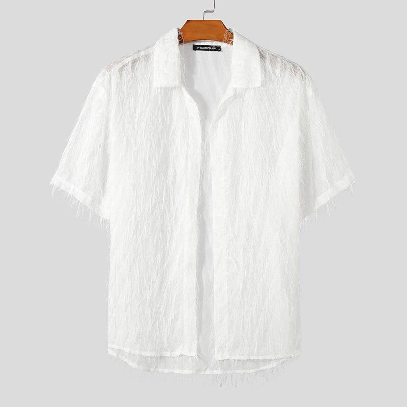 INCERUN Mens Shirts Fringed Chiffon White Shirt V-neck Lapel Short Sleeve Shirt Solid Color Men Clothing