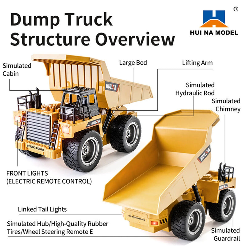 Huina Toys RTR 1534 1/18 2.4G 9CH RC Car Dump Truck Alloy Bucket Cabin LED Light Engineering Remote Control Simulation Construction Vehicles Models Children Kids Gifts
