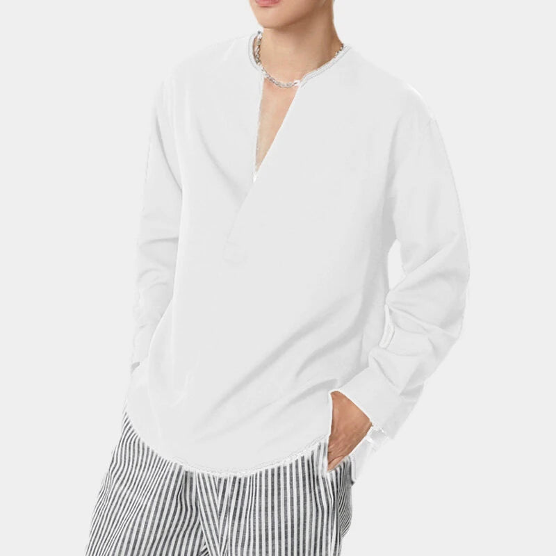 INCERUN Mens Shirts Solid Color Long Sleeve Top Shirts Summer Casual Daily V Neck Top Shirts Male Clothing