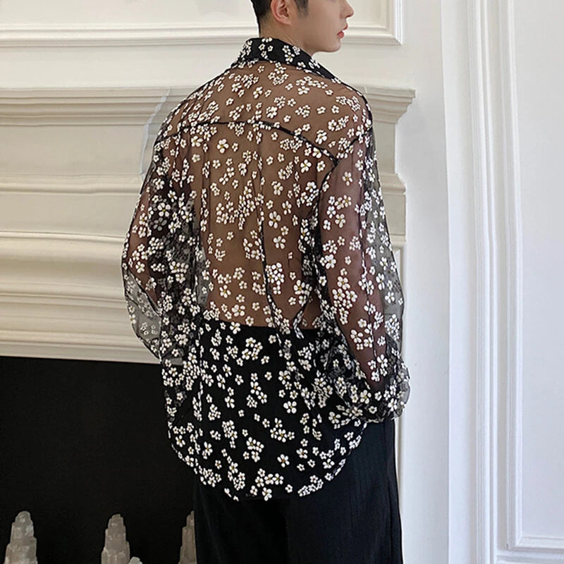 INCERUN Men Long Sleeve Mesh Shirts Turn Down Collar Casual Printing Shirt Man See Through Loose Blouse Fashion Party Blusas
