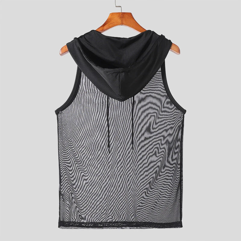 NCERUN Mens Tank Top Mesh Hooded See-Through Comfort Breathable Tanks