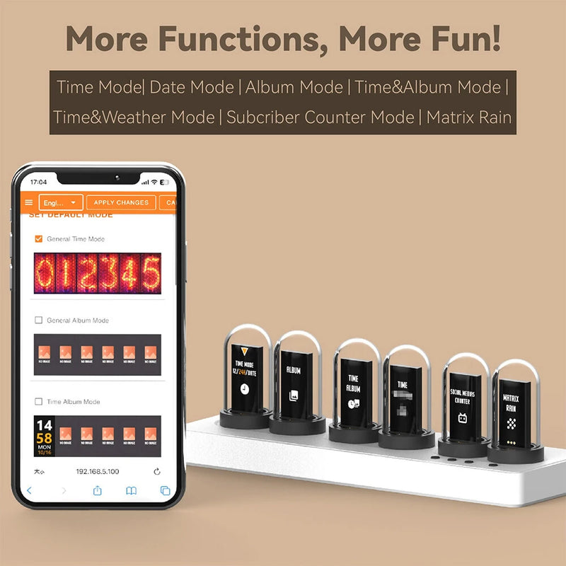 MiniIPS Multi-Function Wireless Control Smart Desktop Alarm Clock 6-Digit Color Screen Digital Clock Wifi Control Quasi-Glow Tube Alarm Clock Wireless Phone Table Decoration