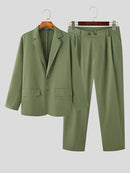 Mens Solid Lapel Blazer Casual Two Pieces Outfits