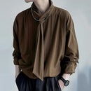 INCERUN Mens Solid Color Tie Design Long-Sleeve Shirt Fashion Casual Top Shirt for Male