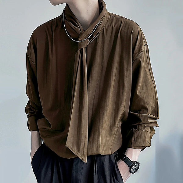 INCERUN Mens Solid Color Tie Design Long-Sleeve Shirt Fashion Casual Top Shirt for Male