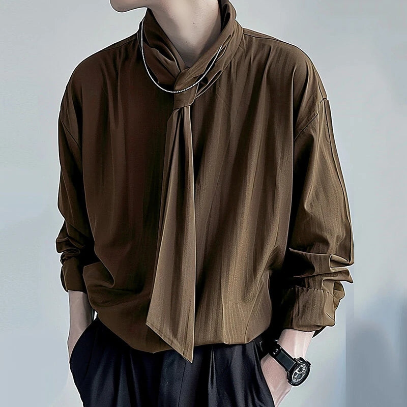 INCERUN Mens Solid Color Tie Design Long-Sleeve Shirt Fashion Casual Top Shirt for Male