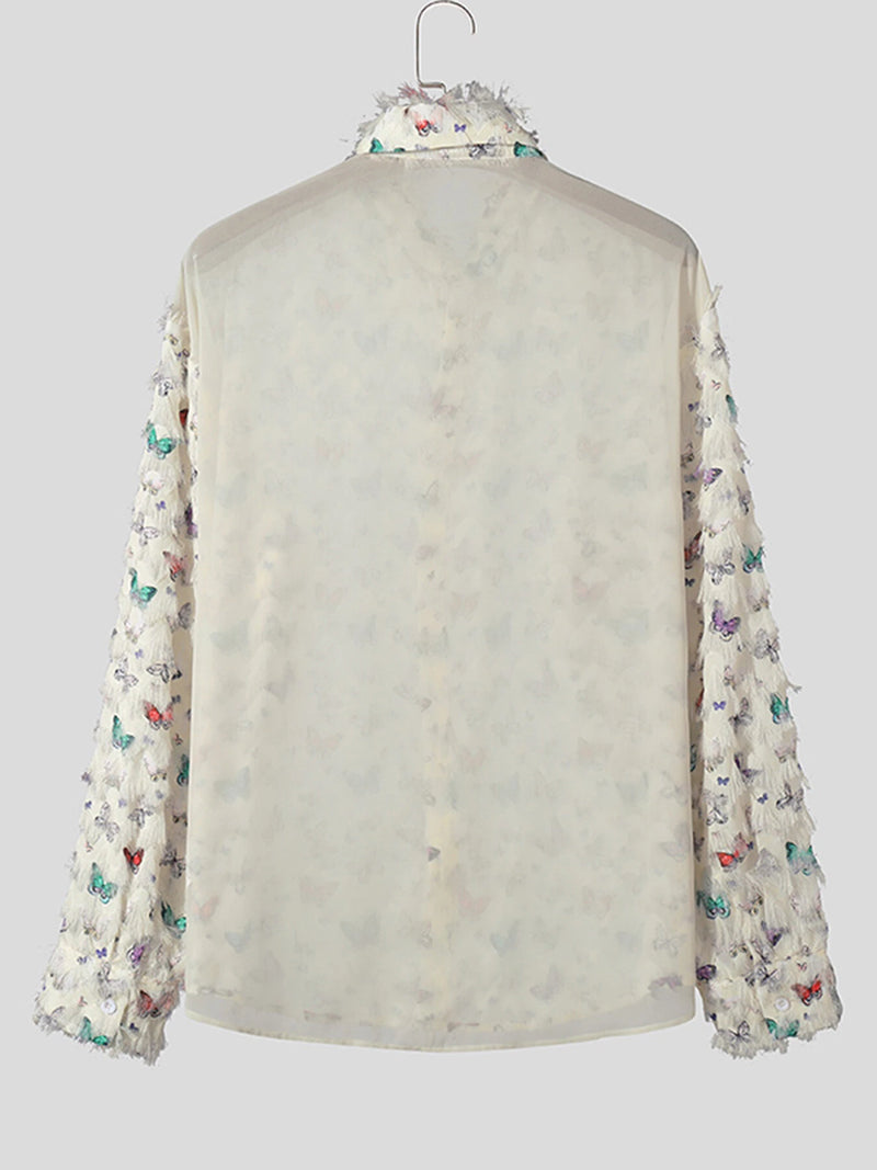 INCERUN Mens Shirt Butterflies Print Tassel Shirts Fashion Party Long Sleeve Lapel Top Summer Casual Male Clothing Shirts
