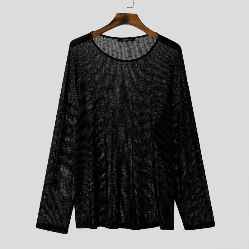 INCERUN Mens Relaxed Fit Hollow Knit Long Sleeve T-Shirt Soft Drape Fabric Slightly See-through Tshirt Top