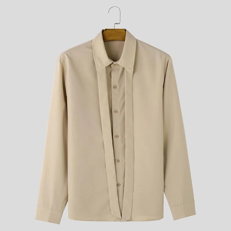 INCERUN Mens Deconstructed Tie-Detail Long Sleeve Shirt Fashion Solid Color Button Lapel Top Shirts for Male