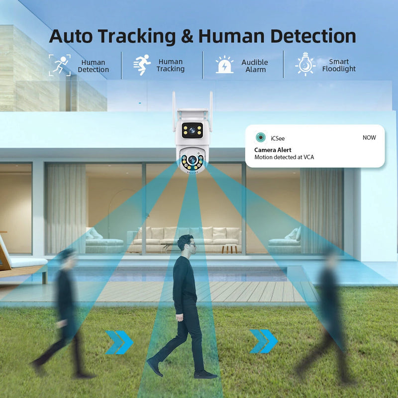 6MP WiFi IP Camera icsee App Dual Lens Outdoor IP66 Waterproof Pan Tilt Audio Night Vision Human Detection Cloud Storage