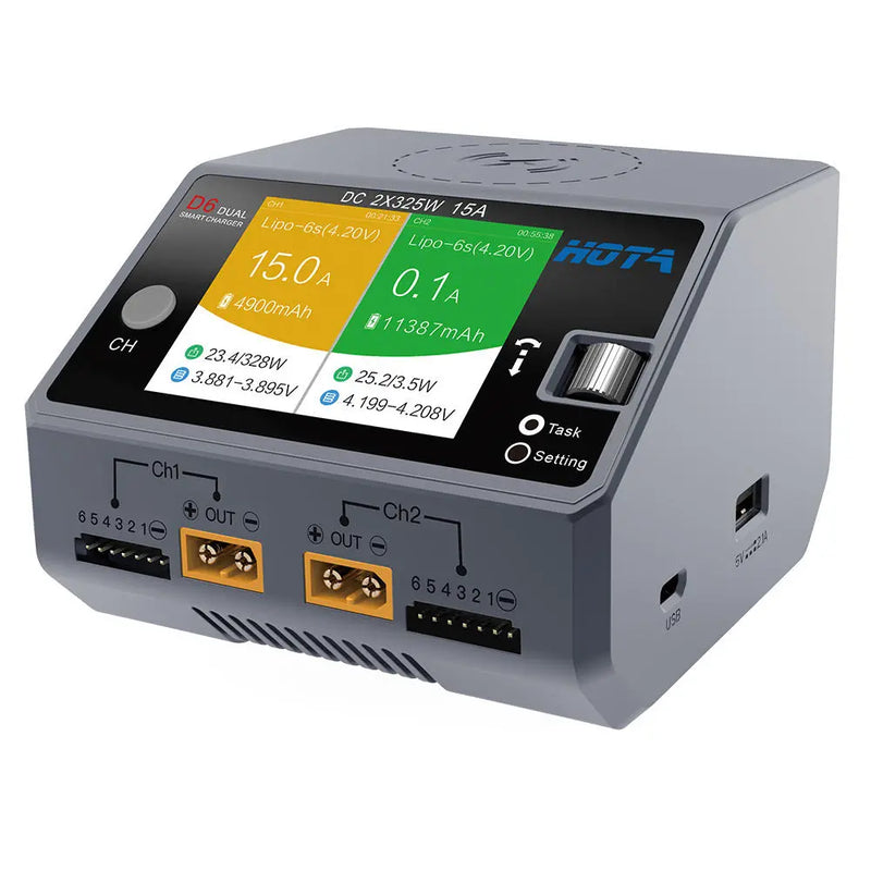 HOTA D6 DC 325W*2 15A*2 Dual Channel LiPo Battery Charger With Wireless Charging for NiZn/Nicd/NiMH battery
