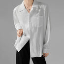 INCERUN Men's Casual Shirt Solid Color Long Sleeve Lapel Collar Button-Down Daily Shirt with Single Color Stripes, Loose Fit