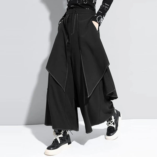 INCERUN Mens Topstitching Irregular Layered Design Black Pants Skirt Design Hemmed Trousers