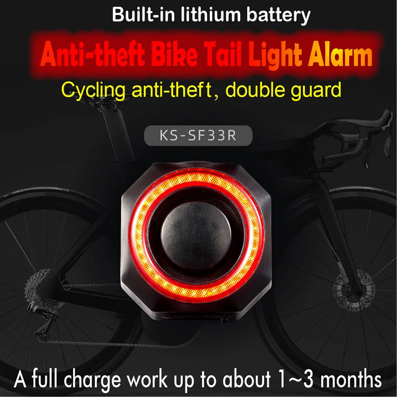 BIKIGHT Smart Brake Sensing Bike Taillight 700mAh Battery Alarm Rear Light 4 Light Modes USB-C Rechargeable IP65 Waterproof Bicycle Rear Light with 110dB Horn Wireless Remote