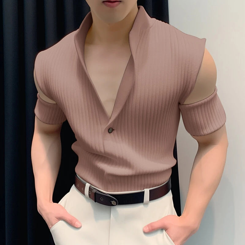 INCERUN Mens Thin Knitted Fabric Cut-off Short Sleeve Tops Lapel Shirts