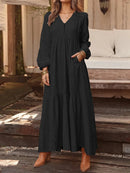 ZANZEA Plus Size Women Long Dress Solid Color V-neck Long Sleeve Causal Maxi Dress