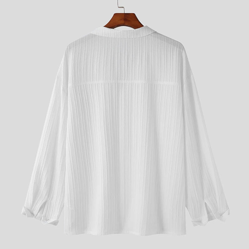 INCERUN Men Sets Solid Color Fashion Lapel Long Sleeve Shirt & Pants 2PCS Pleated Loose Streetwear Men Casual Suits S-5XL