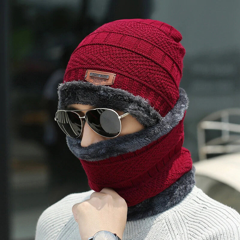 3pcs/set Women Men Winter Hat and Glove Sets Warm Knit Hat Snow Ski Skull Cap with Visor and Touch Screen Mittens Texting Gloves Set