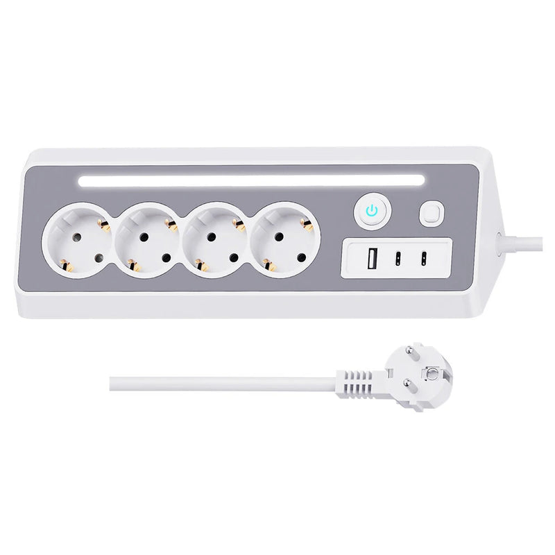 European Power Strip 4 Sockets with USB and Type-C Ports LED Light 3680W 250V 16A Flame Retardant PC Material 1.4m Cable