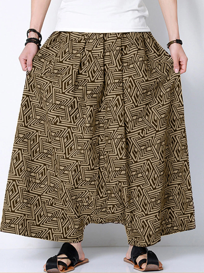 INCERUN Men Pant Ethnic Print Low Rise Long Pant Loose Fit Mens Elastic Streetwear Pants with Side Pockets S-5XL