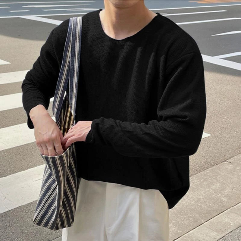 INCERUN Mens Striped V-Neck Long-Sleeve T-Shirt Comftable Solid Color Loose Fit Soft Tshirt Male Plus Size S-5XL