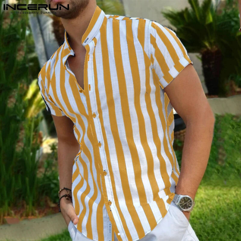 INCERUN Men's Casual Striped Shirt Daily Thin Long Sleeve Button Up Shirt for Men Stand-up Collar Short Sleeve Top Summer Shirts