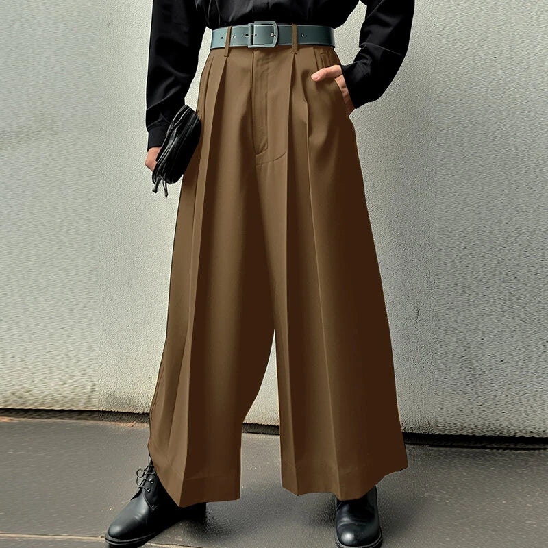 INCERUN Men Pants Solid Color High-waisted Straight-legged Trousers Comfy Button Loose Fit Men's Black Pant