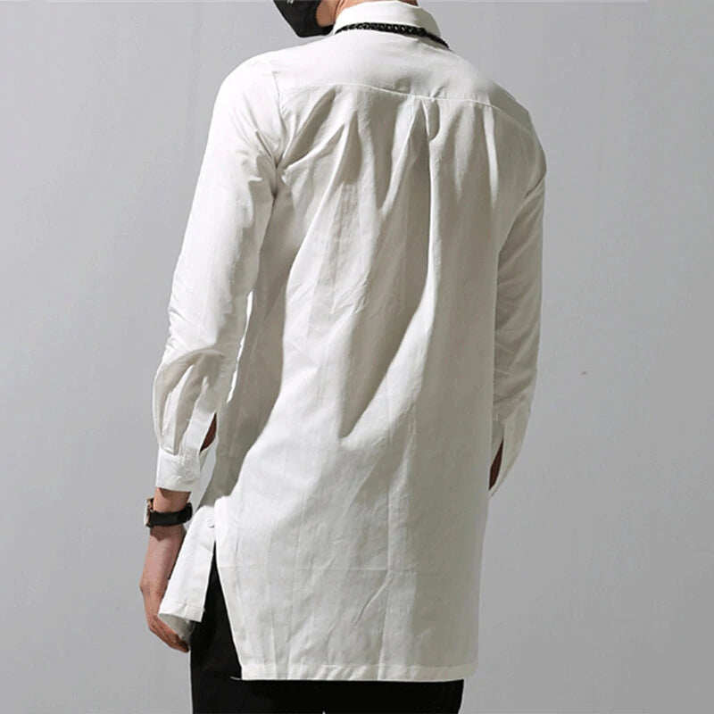 Men Solid Color Asymmetric Hem Long Sleeve Lapel Collar Shirt