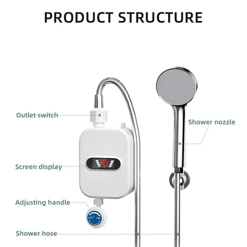 Tevorex 3000W/3500W Portable Mini Water Heater 110V/220V Instant Electric Heater IPX4 Waterproof Adjustable Temperature for Shower EU/UK/US Plug