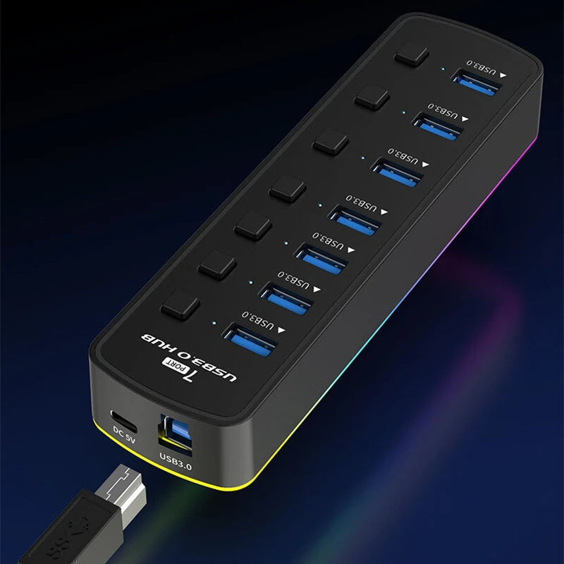 7 in 1 RGB USB3.0 Hub Docking Station with 5Gbps USB3.0*7 Multiports Splitter Adapter with Independent Switch for Phone Keyboard Mouse Printer MacBook Pro