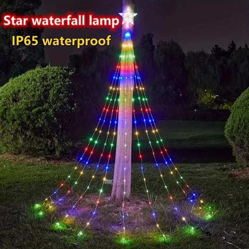 198 LED Five-Pointed Star Light Waterfall Light Water Trailing Light Christmas Holiday Decoration Light Garden Star Light String 8 Mode Function