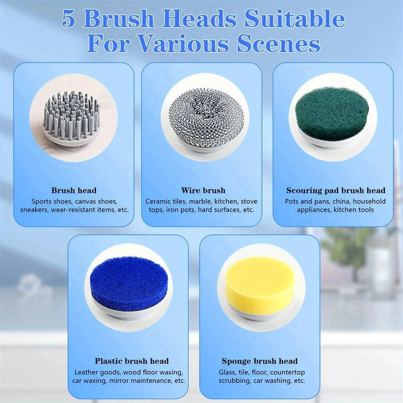 5 in1 Portable Electric Cleaning Brush 5W 1200mAh Rechargeable 3-Speed Adjustable 1600/2000/2400 RPM Cordless Multi-functional Kitchen Dish Scrubber with LED Indicator and USB Charging