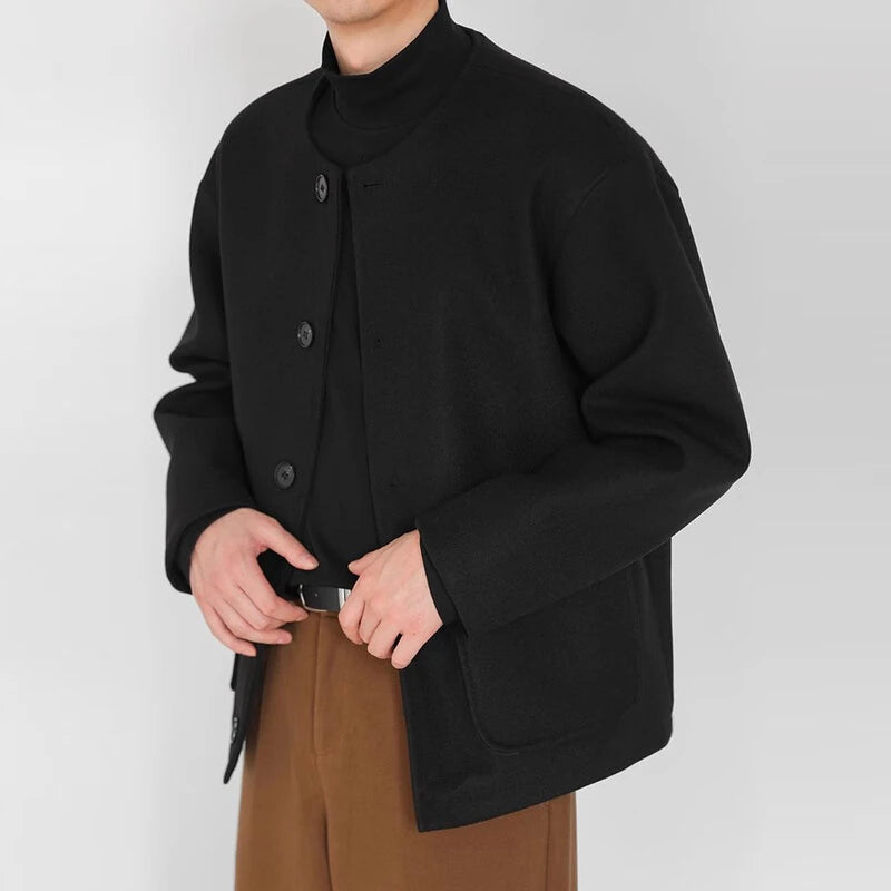 INCERUN Mens Solid Button Front Casual Tweed Jacket Comfortable Crew Neck Outerwear with Side Pockets Large Size S-5XL for Fall