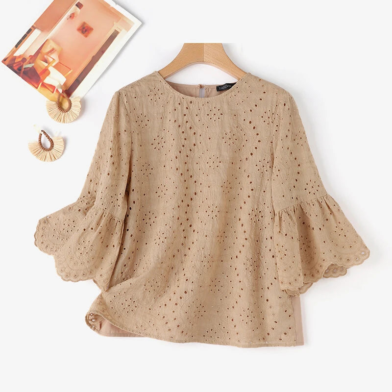 ZANZEA Plus Size Women Floral Lace Splicing Crew Neck Blouse, Elegant 3/4 Loose Petal Sleeve Blouse For Spring & Summer, Women's Clothing S-5XL
