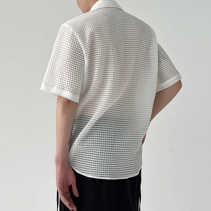 INCERUN Mens Shirt Solid Color Slightly Transparent Lapel Shirt Casual Short Sleeve Breathable Top Summer Daily Male Clothing