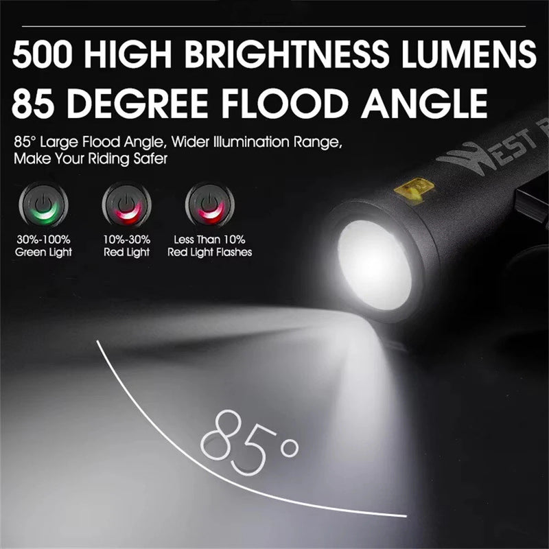 WEST BIKING 500LM 85 Floodlight Bicycle Front Light 5000mAh USB Rechargeable 200m Long-range Cycling Headlight Aluminium Alloy Bike Lamp