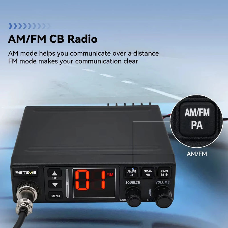 Retevis MB63A CB Car Radio 12/24V Power AMFM 40 Channels Emergency 9/19 Long Range Professional Communicator Compact Mobile Radio Station