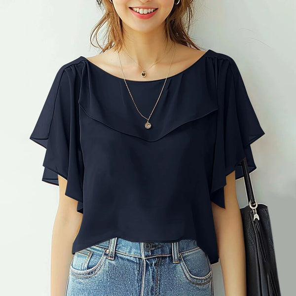 ZANZEA Women's Blouse Elegant Ruffle Sleeve Solid Crew Neck Plain Summer Shirt Pullover Top