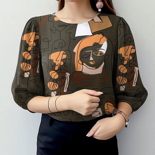 ZANZEA Women OL Work Elegant Blouses ShirtCrew Neck 3/4 Sleeve Printed Elegant Ladylike Tops Shirt