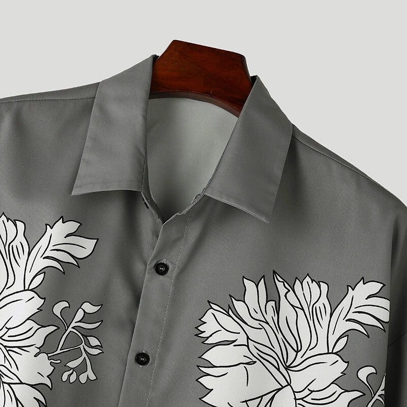 INCERUN Men Flowers Print Loose Fit Long Sleeve Shirts Casual Daily Large Size Lapel Tops for Men S-5XL