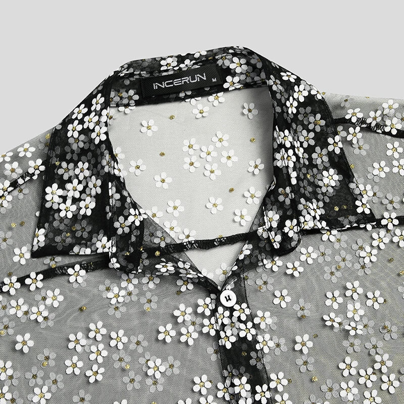 INCERUN Men Long Sleeve Mesh Shirts Turn Down Collar Casual Printing Shirt Man See Through Loose Blouse Fashion Party Blusas