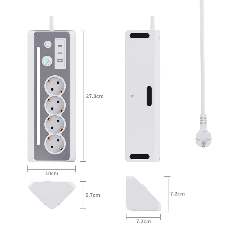 European Power Strip 4 Sockets with USB and Type-C Ports LED Light 3680W 250V 16A Flame Retardant PC Material 1.4m Cable