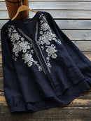 ZANZEA Plus Size Women Cotton Linen V-Neck Embroidery Patterns Casual Loose Blouse