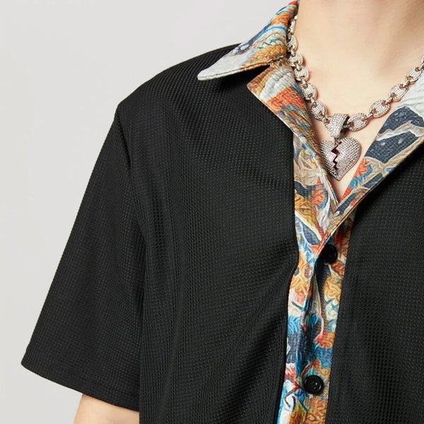 INCERUN Mens Textured Patchwork Cropped Short Sleeve Shirt Comfortable Fashion Solid Printed Edge Lapel Top