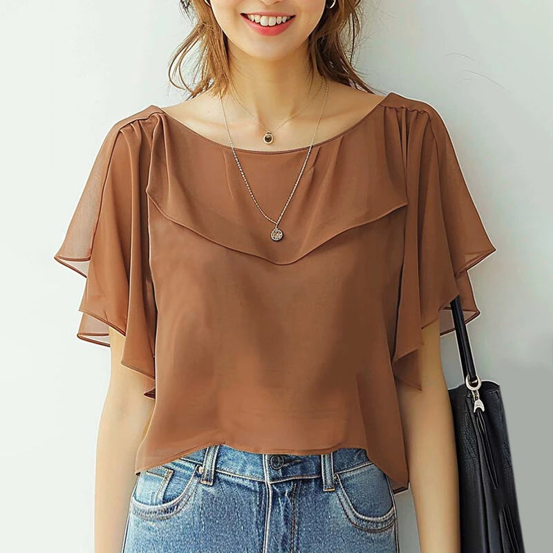 ZANZEA Women's Blouse Elegant Ruffle Sleeve Solid Crew Neck Plain Summer Shirt Pullover Top