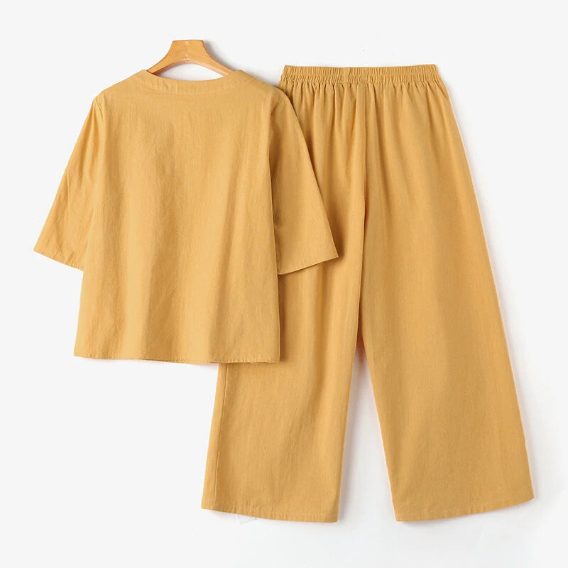 ZANZEA Plus Size Women Casual Solid Two-Piece Set, Notched Neck 3/4 Sleeve Layered Hem Top & Wide Leg Pants, Women's Plus Size Clothing