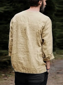 Mens Solid Lace-Up Neck 100%Cotton Long Sleeve T-Shirt